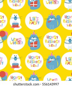 Vector seamless pattern with cute holidays cats and Happy Birthday lettering. B-day background with pets, cakes,  balloons and greetings.