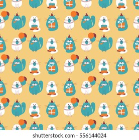 Vector seamless pattern with cute holidays cats. B-day background with pets, cakes and  balloons.
