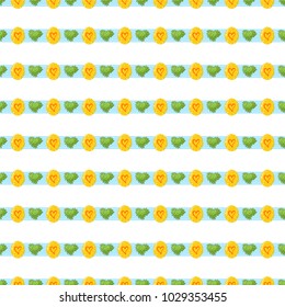 Vector seamless pattern. Cute horizontal lines, Eastern eggs and grass on blue ribbon. Flat simple minimalistic style, elements for spring design. Perfect for Easter, kitchen design, background 