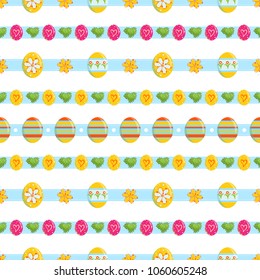 Vector seamless pattern. Cute horizontal garlands, Eastern eggs and grass on blue ribbon. Flat simple minimalistic style, elements for spring design. Perfect for Easter, kitche design. Abstract 