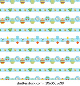 Vector seamless pattern. Cute horizontal garlands, Eastern eggs and grass on blue ribbon. Flat simple minimalistic style, elements for spring design. Perfect for Easter, kitchen design. Abstract backg