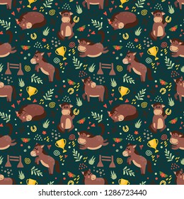 Vector seamless pattern with cute horses character in various positions. Vector illustration for your design