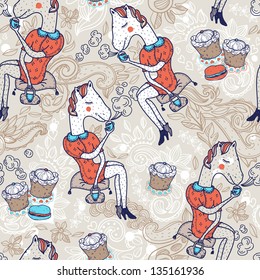 vector seamless  pattern with cute horses and yummy cupcakes