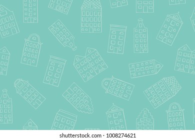 Vector seamless pattern with cute houses on light blue background. Repeat backdrop with city, town, urban motif. Good for wallpaper, wrapping, children, stationery design.