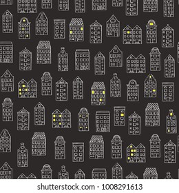 Vector seamless pattern with cute houses on dark background. Repeat backdrop with city, town, urban motif. Good for wallpaper, wrapping, children, stationery design.