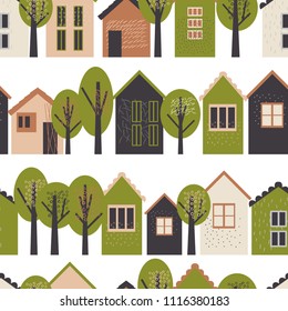 Vector seamless pattern with cute houses and trees on white background