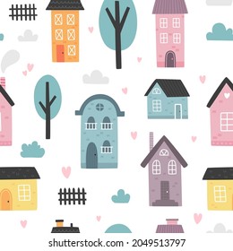 vector seamless pattern of cute houses in european style