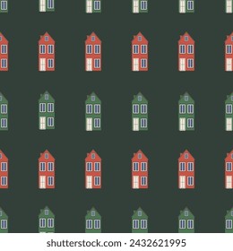 Vector seamless pattern with cute houses in cartoon style. Background with houses.