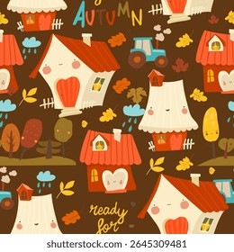 Vector Seamless pattern with cute houses. Autumn trees, roads, houses with pipes and rain clouds