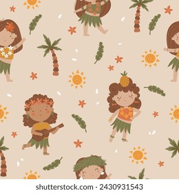 vector seamless pattern of cute hula dancers