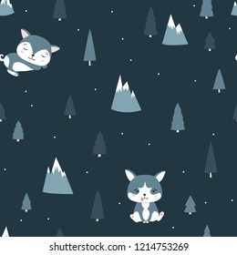 Vector seamless pattern with cute husky puppies. Dogs in the Mountains forest. Sleep and have fun. Childish hand-drawn illustration in simple cartoon style in pastel colors dark background. 