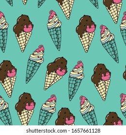 Vector seamless pattern with cute ice cream dessert. Doodle style. Colorful image on pink background. Design for scrapbooking, wrapping paper, cafe or restaurant menu, textile, fabric.
