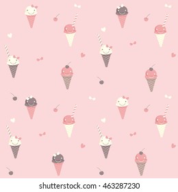 Vector seamless pattern of cute ice-cream sundae various flavors on pink pastel background colors.