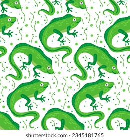 Vector seamless pattern with cute iguana on white background with doodle lines. An illustration of an animal character drawn by hand. Printing on textiles and paper