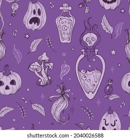 Vector seamless pattern cute illustration graphic drawing vintage style for Halloween. Pumpkin jack lantern. Magic mushrooms, witch potions, tufts of hair. For wallpaper, printing on fabric, wrapping.