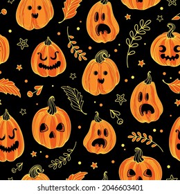 Vector seamless pattern cute illustration graphic drawing in vintage style for Halloween. Pumpkin jack lantern. Autumn leaves, witches and magic. For wallpaper, printing on fabric, wrapping