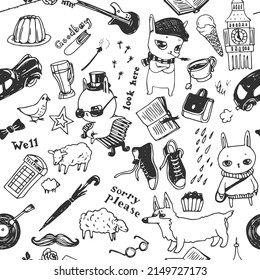 Vector seamless pattern with cute images and symbols of Britain. Hand drawn doodle illustrations. Texture with funny cartoon characters and details of the lifestyle in England.