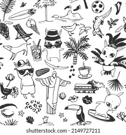 Vector seamless pattern with cute images and symbols of Brazil. Hand drawn doodle illustrations. Texture with funny cartoon characters and details of the lifestyle in Rio de Janeiro.