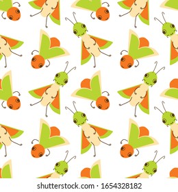 Vector seamless pattern with a cute insect bug and doodle element on a white background. Flat design for children. Cartoon kawaii funny character.
