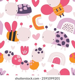 Vector seamless pattern with cute insects, rainbows, flowers and hearts. Caterpillar, bee, butterfly, ladybug, beetle. Creative kids texture for fabric, wrapping, textile, wallpaper. Nursery. 