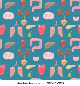 Vector seamless pattern with cute internal organs. Kawaii characters illustration/ heart, lungs, kidney, liver, stomach, bladder, gallbladder, intestine, gallbladder, intestine, brain, thyroid, spleen
