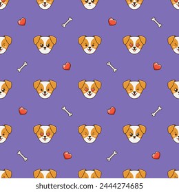 Vector seamless pattern with cute jack russell terrier dogs, hearts love and dog bones on purple background