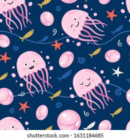 Vector seamless pattern Cute jellyfish, Adorable little pink jellyfish seamless pattern. Vector cute animal background