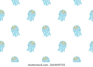 Vector seamless pattern of cute jellyfish drawn with crayons.