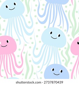 Vector seamless pattern with cute jellyfishes and seaweeds