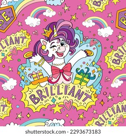 Vector seamless pattern with cute joyful unicorn. Magic repeated texture with cartoon characters. Childish print for kids fabric, design, print, decor, wrapping paper. Purple fantasy background