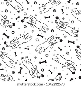 Vector seamless pattern with cute jumping dogs in balack and white. Cartoon illustration. Perfect for baby clothing and products for children.