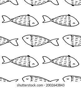 Vector seamless pattern of cute karakul fish with a pattern of scales in short strokes, a black outline on a white background for a design template. a simple children's drawing of a sea fish swimming 