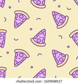 Vector seamless pattern with cute kawaii slice of pizza pepperoni with faces in 80s, 90s style on yellow background. Cartoon doodle illustration. Pastel child print on fabric, wrapping paper, textile