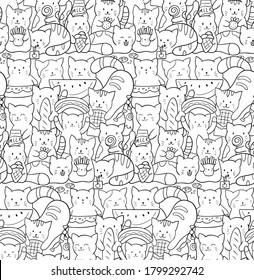 Vector seamless pattern with cute kawaii cats. Kittens with fast food and sweets. Doodle black and white illustration. Perfect for print on fabrics, paper, wallpaper and scrapbooking. Coloring page.