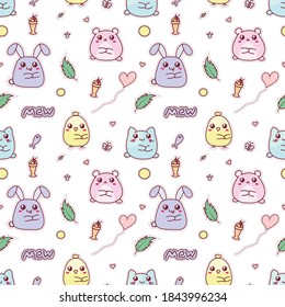 Vector seamless pattern with cute kawaii animals. Cat, bunny, chicken, hamster. Sweet pastel color.
