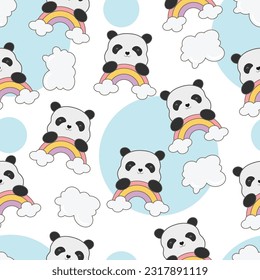 Vector seamless pattern with cute kawaii panda cartoon animals background childish