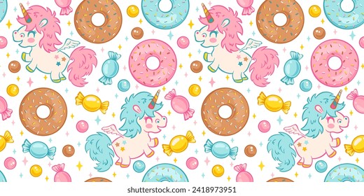 Vector seamless pattern of cute kawaii unicorns with candies and donuts. Pattern for children birthday party with unicorn, candy and donut.
