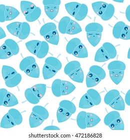 Vector seamless pattern. Cute, Kawaii water drop acorns with lovely smile face. Flat cartoon character design, abstract background. Childish texture, textile, print