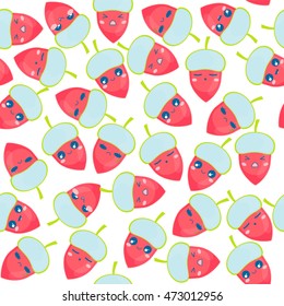 Vector seamless pattern. Cute, Kawaii colored acorns with lovely smile face. Flat cartoon character design, abstract background. Childish texture, textile, print