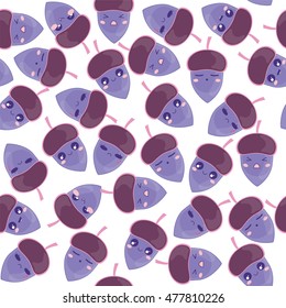 Vector seamless pattern. Cute, Kawaii colored acorns with lovely smile face. Flat cartoon character design, abstract background. Childish texture, textile, print