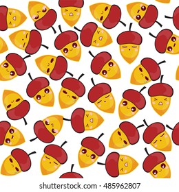Vector seamless pattern. Cute, Kawaii colored acorns with lovely smile face. Flat cartoon character design, abstract background. Childish texture, textile, print