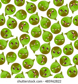 Vector seamless pattern. Cute, Kawaii colored onions or green berry with lovely smile face. Flat cartoon character design, abstract background. Childish texture, textile, print