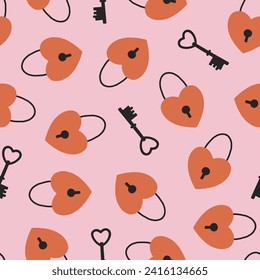 Vector seamless pattern with cute keys and heart locks. Lovely romantic endless background for Valentines day, holiday design, wallpaper, fabric. Hand drawn adorable pattern in flat style