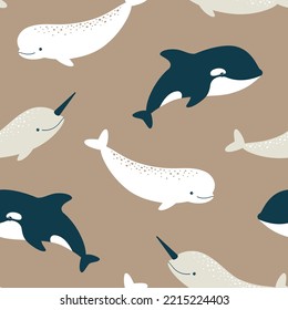 Vector seamless pattern with cute killer whale, beluga and narwhal