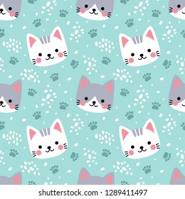 Vector seamless pattern with cute kitten, kids background. 