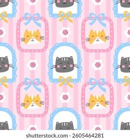 Vector seamless pattern with cute kittens, floral, frames, and pastel stripes. Perfect for children clothing, wrapping paper, and nursery decor. Charming, girly design with an adorable touch