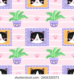 Vector seamless pattern with cute kittens, floral, frames, and pastel stripes. Perfect for children clothing, wrapping paper, and nursery decor. Charming, girly design with an adorable touch