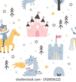 vector seamless pattern, cute knight is going to save his princess and fight with a dragon