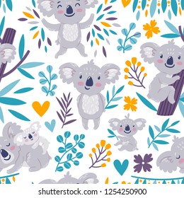 Vector seamless pattern with cute koala bears and floral element. Bright childish texture with funny animals, leaves, flowers. Print for kids textile.