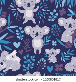 Vector seamless pattern with cute koala bears and floral element. Bright childish texture with funny animals, leaves, flowers. Print for kids textile.